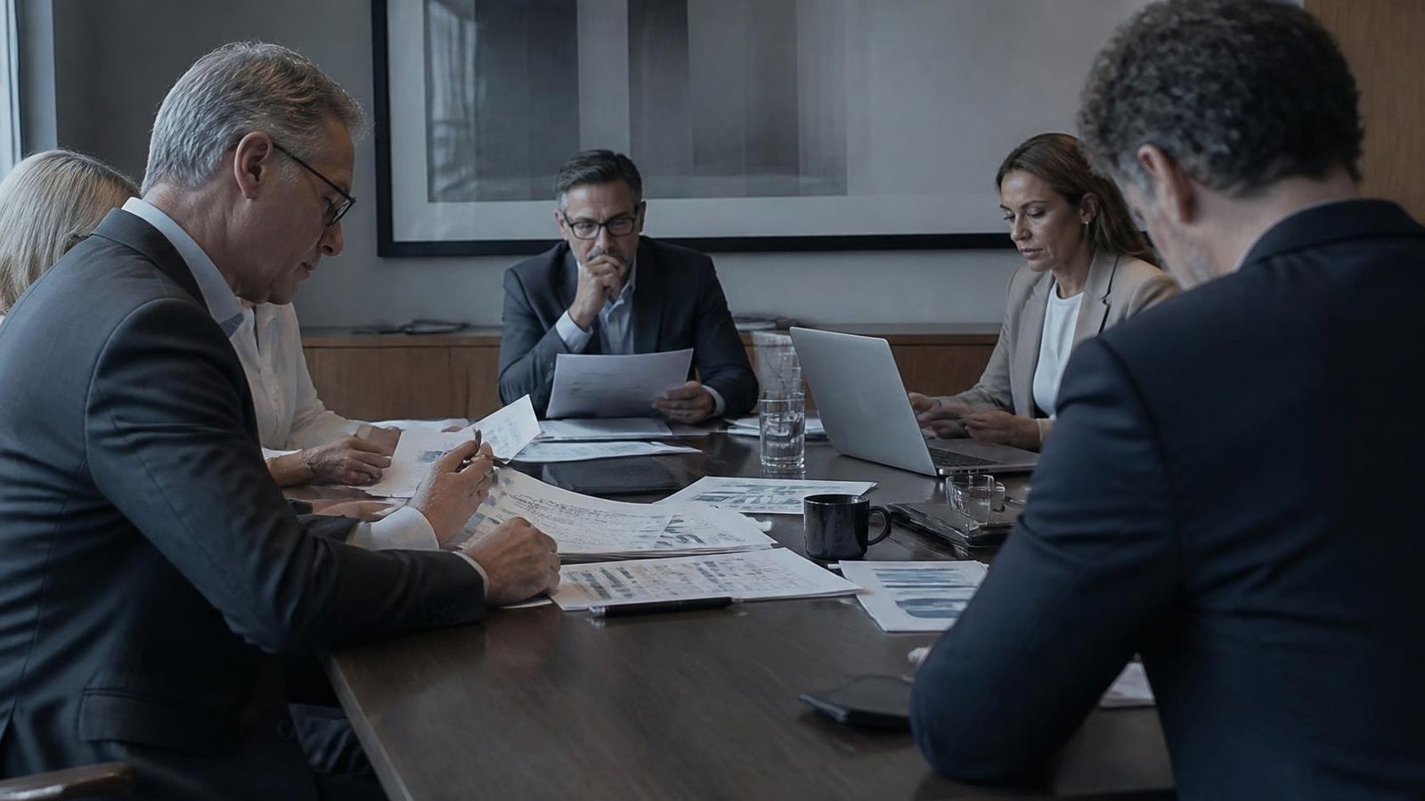Reunião de diretoria com relatórios financeiros sobre a mesa